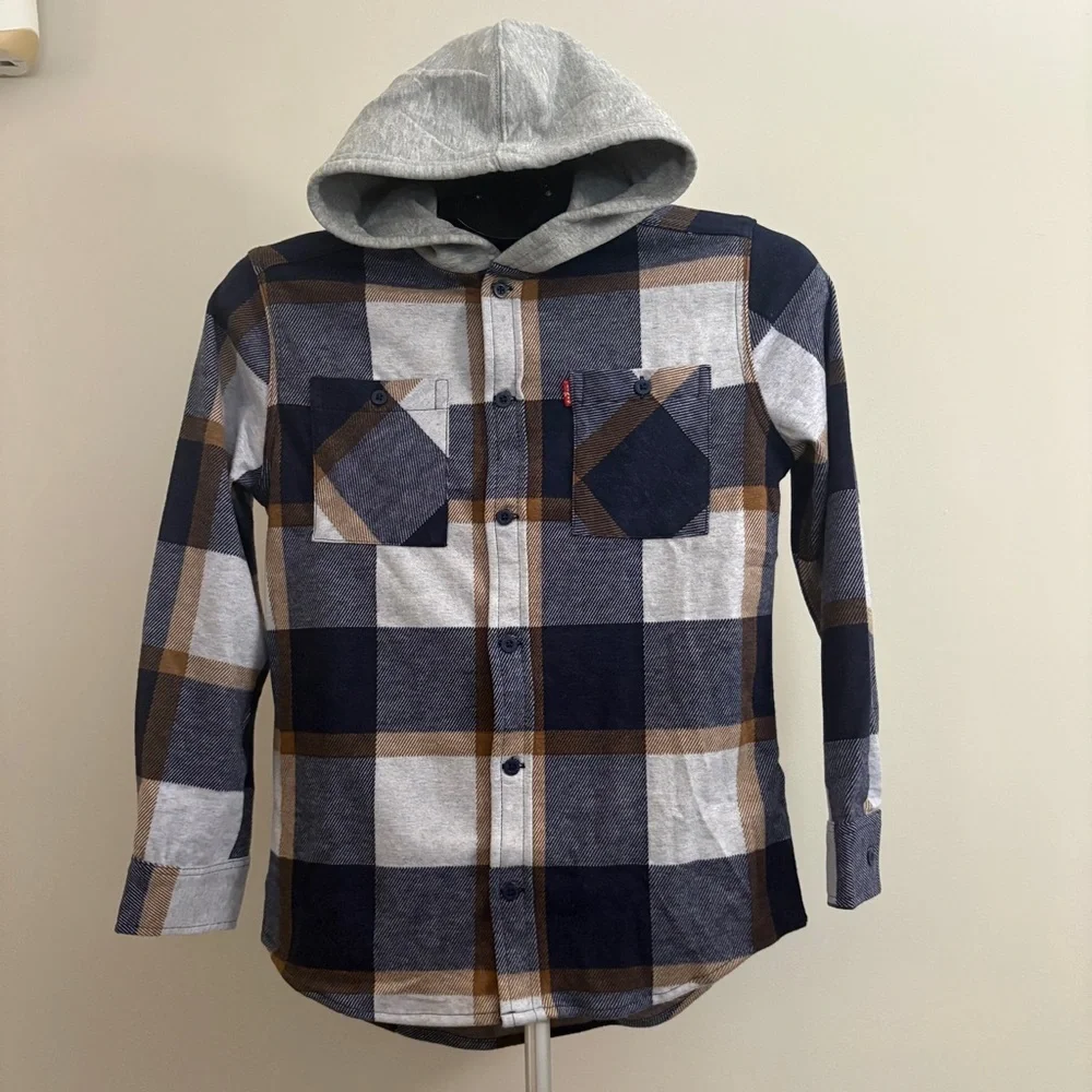 Levi's Kids Navy and Gray Plaid Hooded Shirt